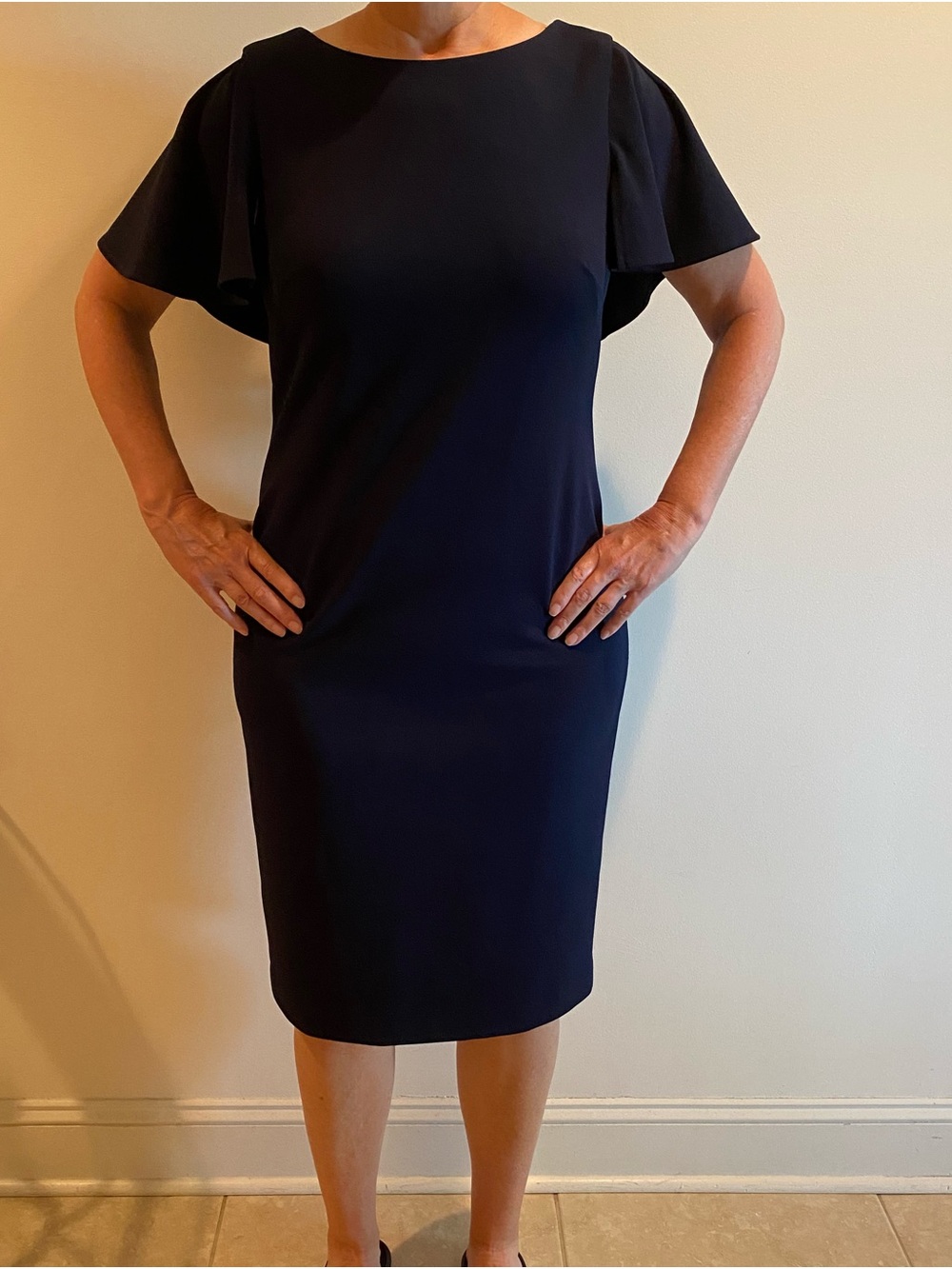 Calvin Klein Navy Flutter Sleeve Midi Sheath Dress